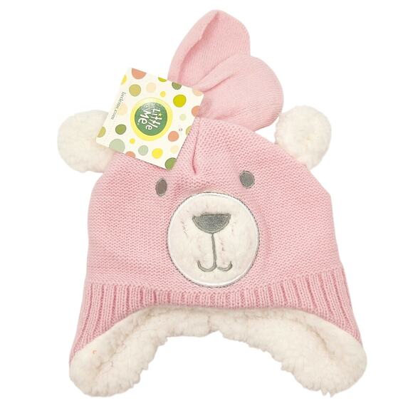 Little Me Baby Girl Pink Knit Sherpa Bear Hat With Mittens Set Size 3-9 month - Picture 1 of 2